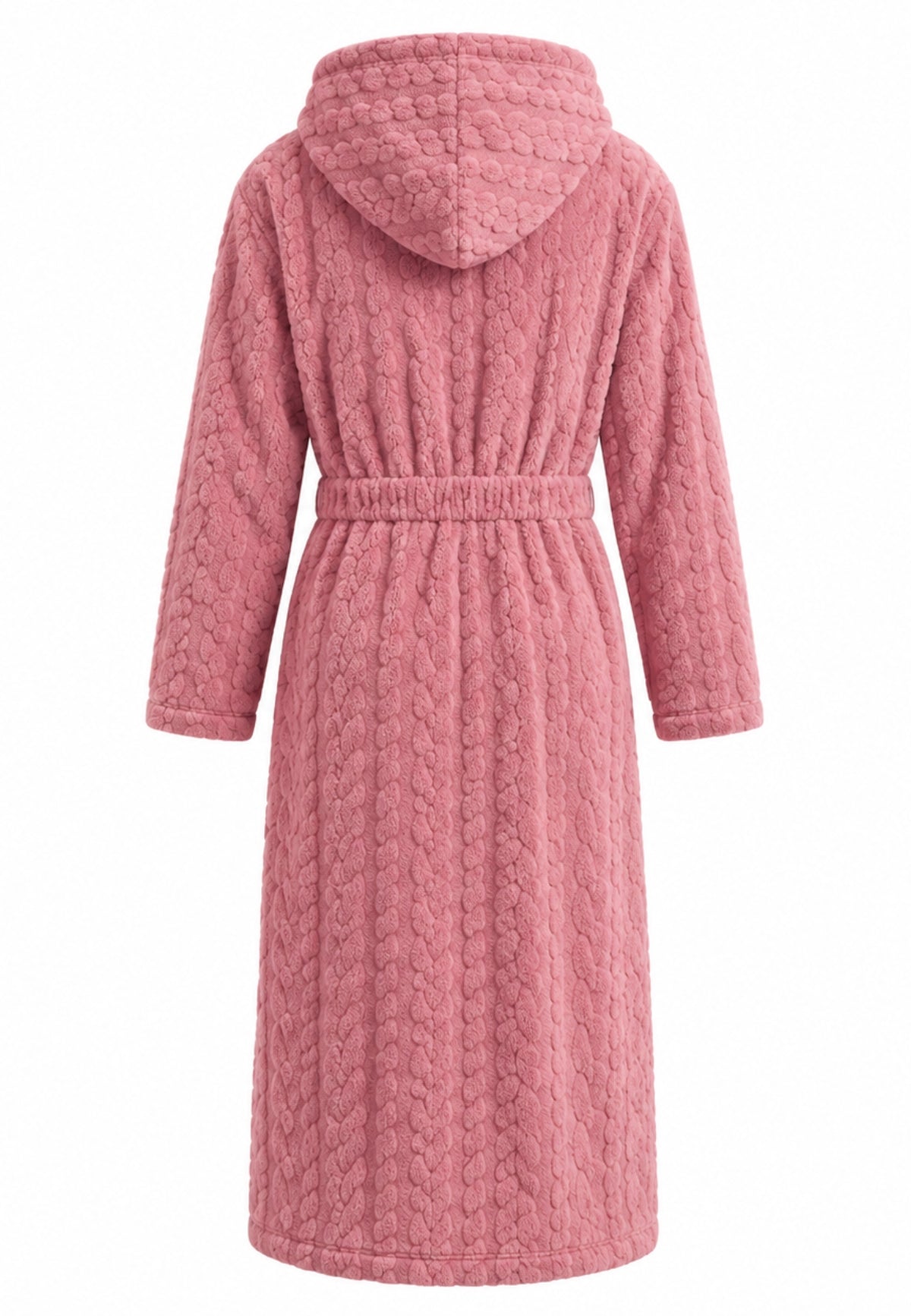 Roze extra lange teddy badjas met rits en vastgestikt ceintuur