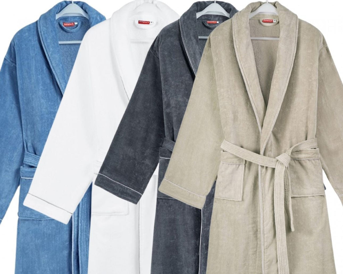 Luxe badjas velours met piping - denimblauw