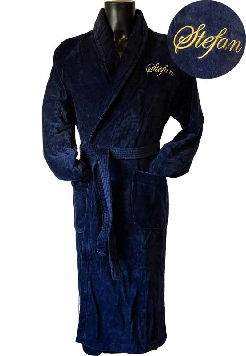 Donkerblauwe velours badjas unisex met naam borduren