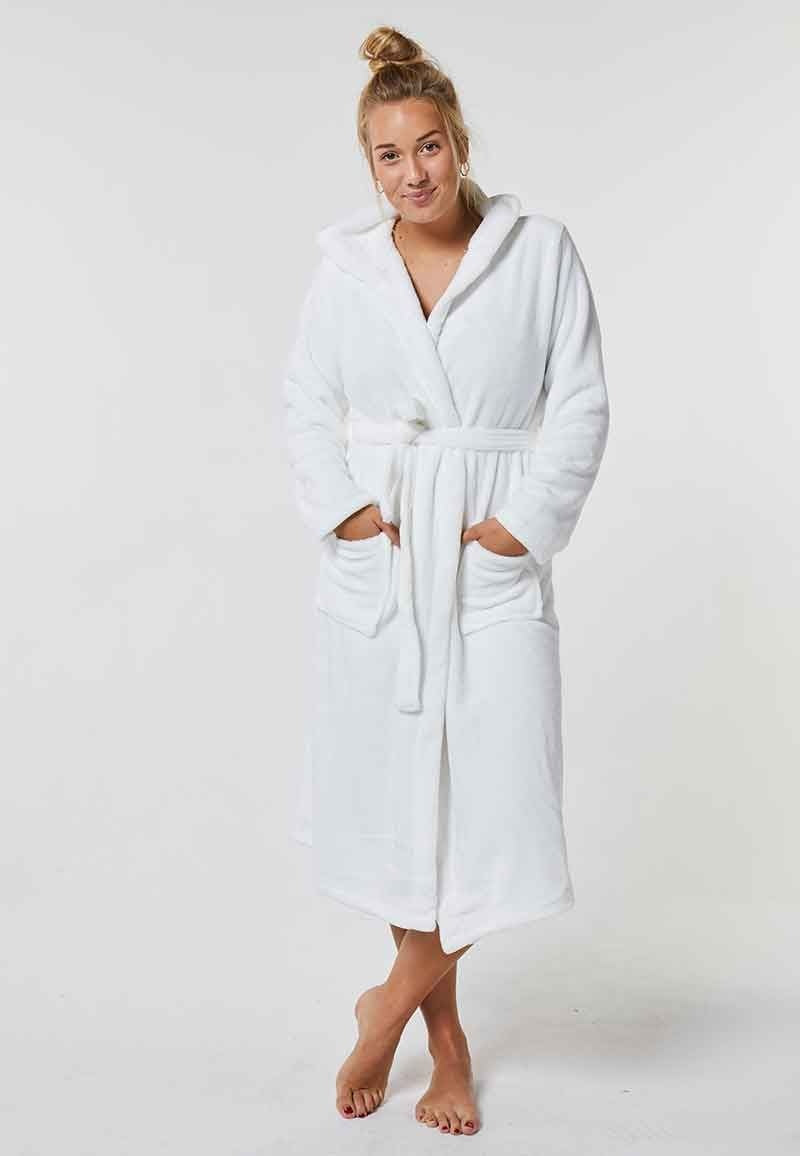 Witte badjas unisex met capuchon - fleece
