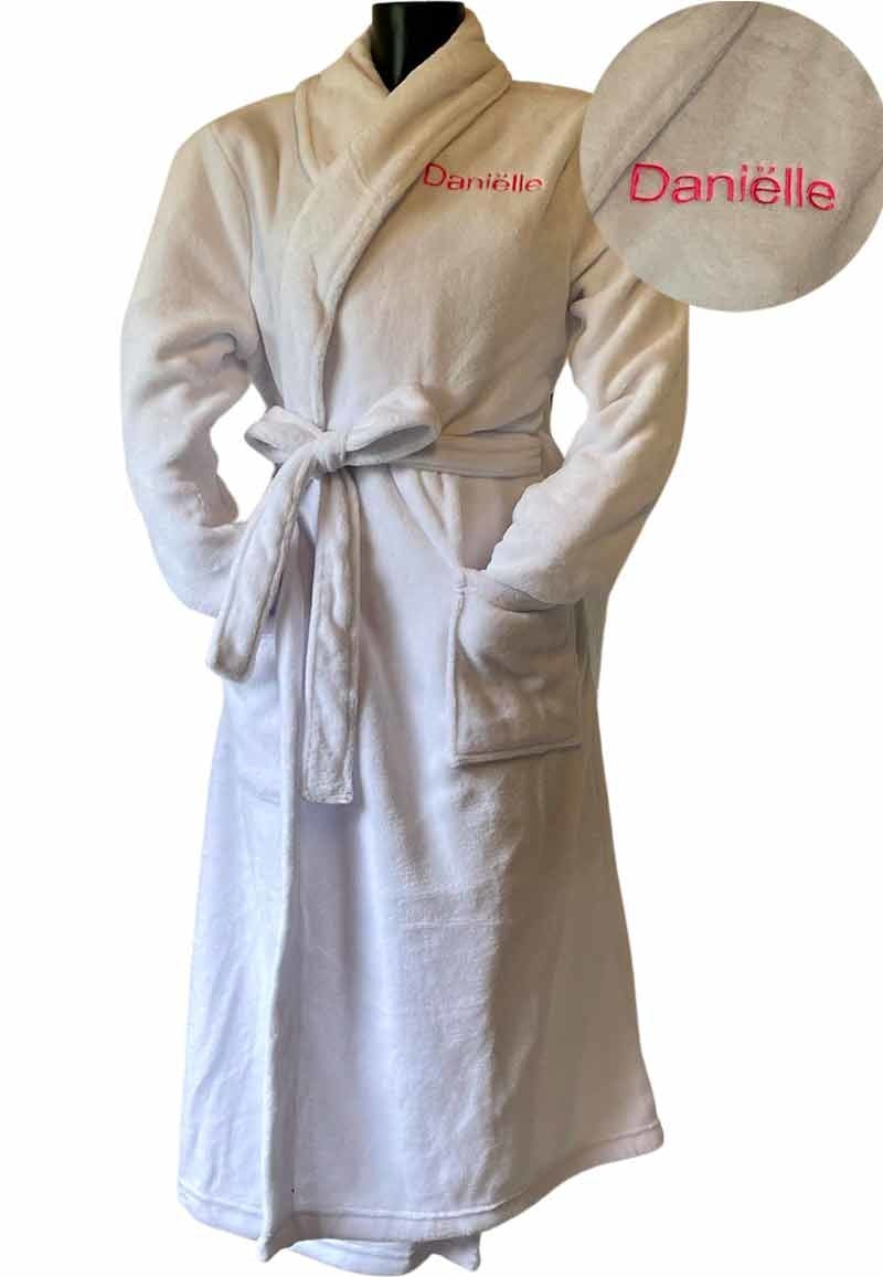 Witte unisex fleecebadjas met naam borduren
