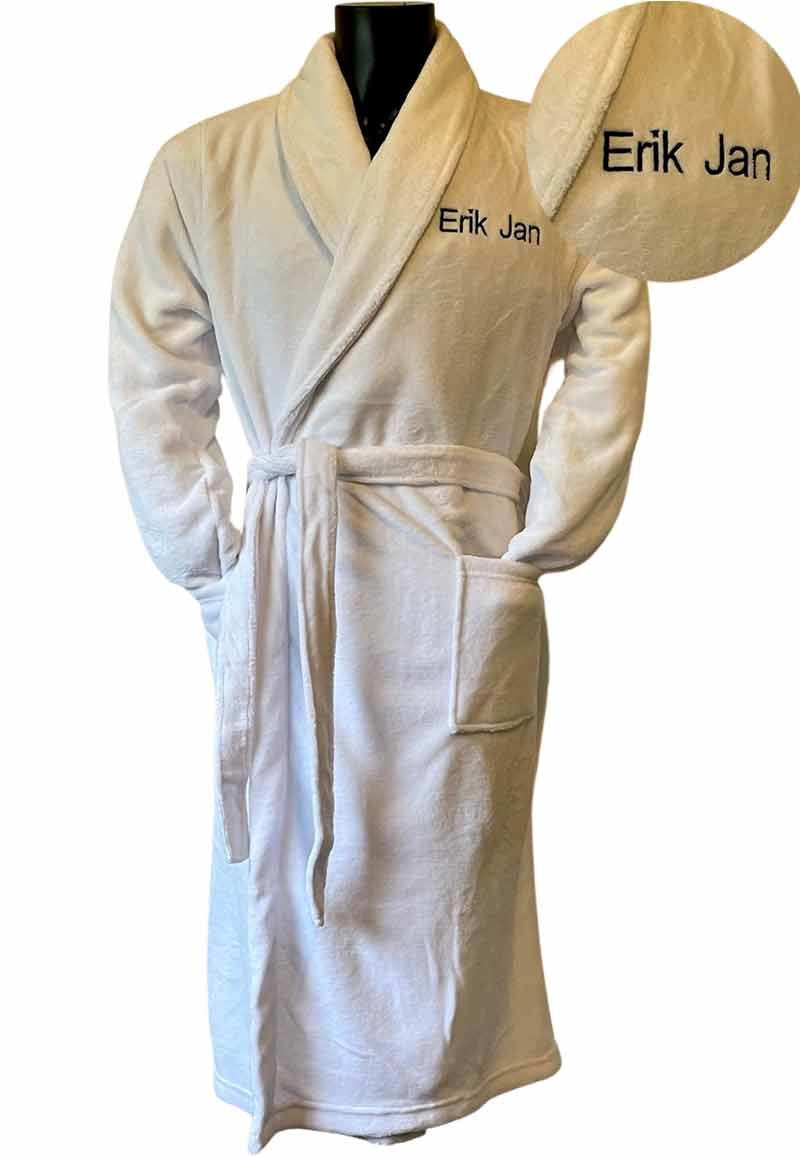 Witte unisex fleecebadjas met naam borduren
