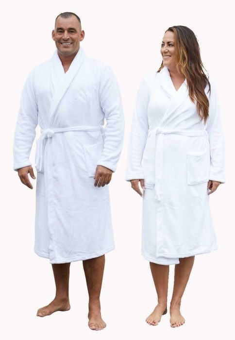 Witte unisex fleecebadjas met naam borduren