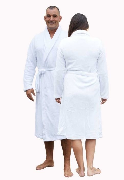Witte unisex fleecebadjas met naam borduren