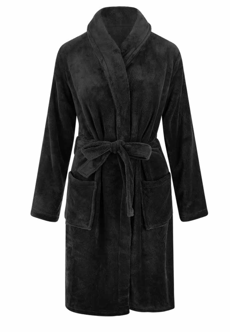Zwarte unisex fleecebadjas met naam borduren