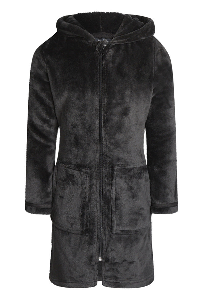 Charlie Choe zwarte/donkergrijs kinderbadjas met rits en capuchon - zacht fleece