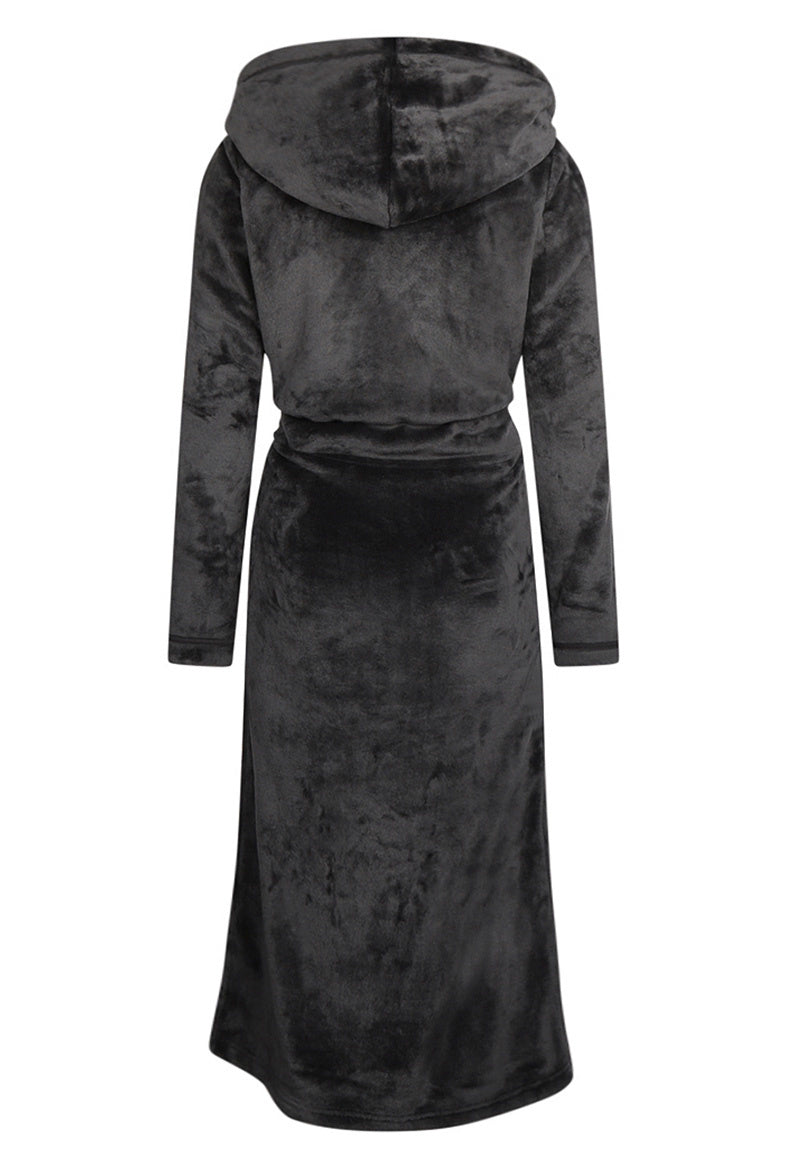 Charlie Choe zwarte/donkergrijze fleece dames badjas met capuchon - lang model