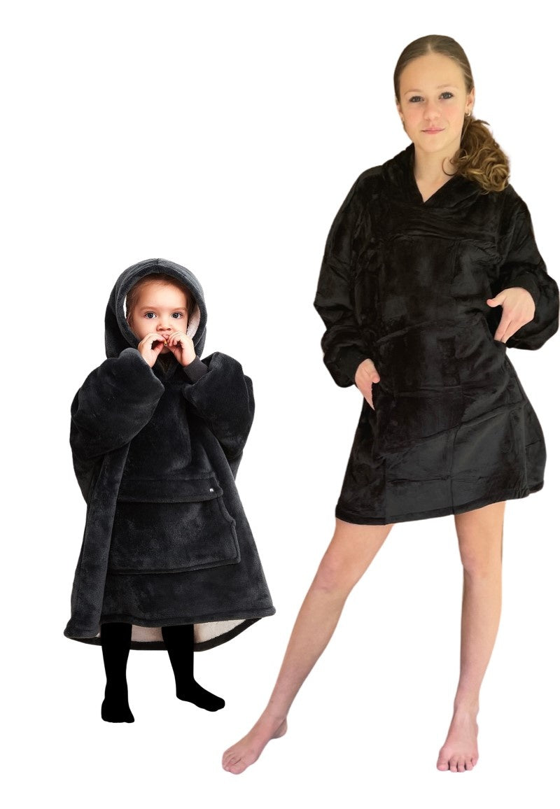 Fleece deken met mouwen & capuchon - kind - zwart