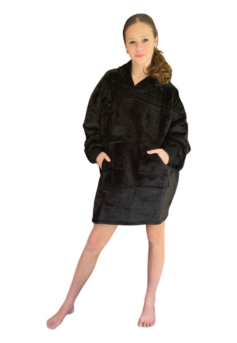 Fleece deken met mouwen & capuchon - kind - zwart